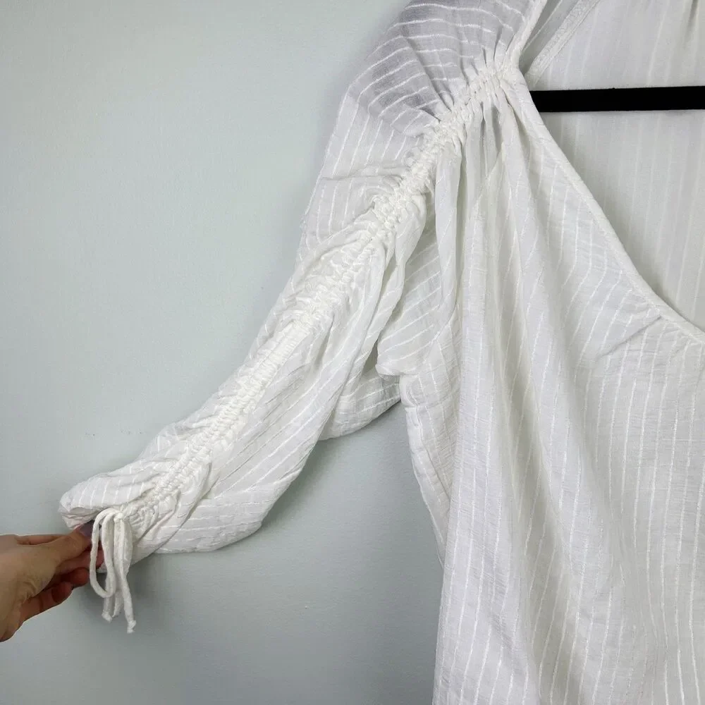 ASTR the Label Ruched Puff Long Sleeve Top White Sheer Pinstripe Blouse VNeck XS